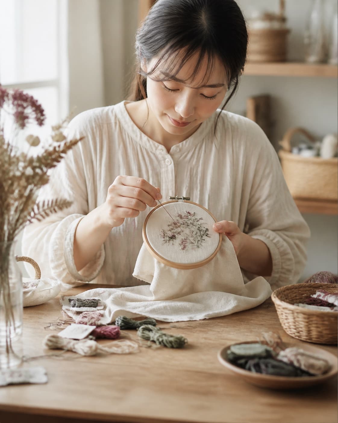 刺繍枠を手に、草花の刺繍作品を制作する作家