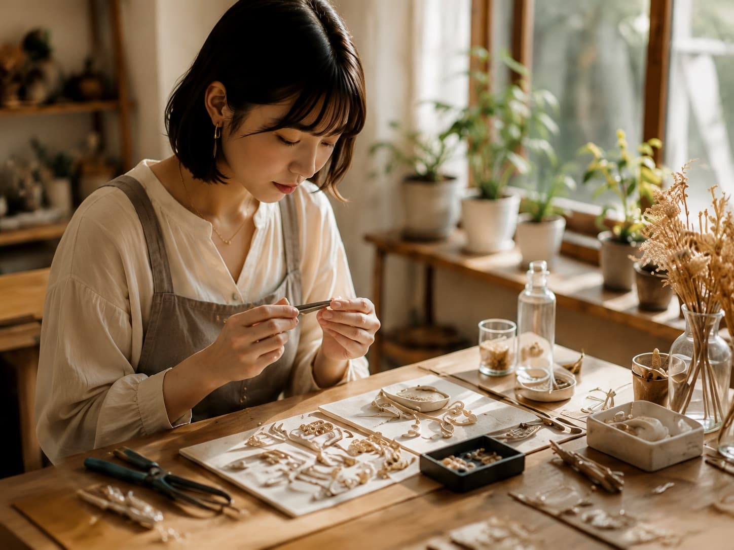 明るいアトリエでハンドメイド作品を制作する作家